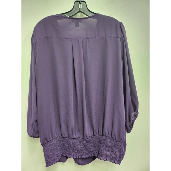 ALYX Womens Blouse Top Size 1X Purple Embellished 3/4 Sleeve Wrap Glam Timeless - Picture 8 of 10